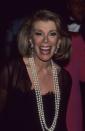 <p>Before she was a red carpet commentator, comedian <a rel="nofollow" href="https://www.yahoo.com/beauty/muppets-take-manhattan-has-been-one-of-my-96648187813.html" data-ylk="slk:Joan Rivers;outcm:mb_qualified_link;_E:mb_qualified_link;ct:story;" class="link  yahoo-link">Joan Rivers</a> was hosting <em>The Joan Rivers Show</em> until 1993. At the Met Gala in 1992, the red-carpet queen donned flashy diamond earrings and long pearl strands with her glossy red lips. </p>