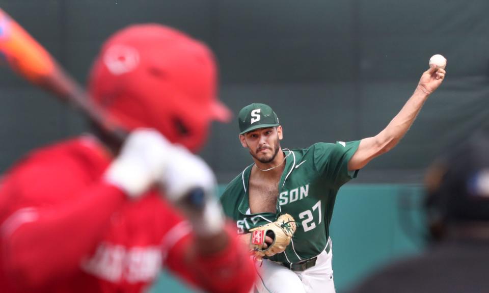 Stetson University pitcher Daniel Paret #27 works against a Jacksonville State batter, Wednesday May 24, 2023 during the ASUN Conference Championship Tournament in DeLand.