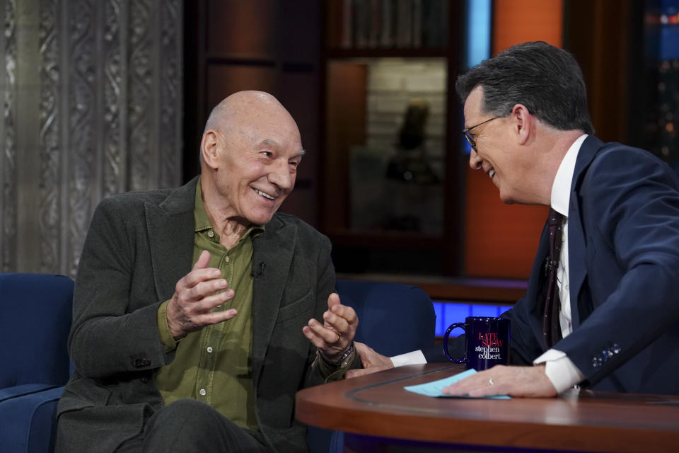 NEW YORK - FEBRUARY 14: The Late Show with Stephen Colbert and guest Sir Patrick Stewart during Tuesdays February 14, 2023 show. (Photo by Gail Schulman/CBS via Getty Images)