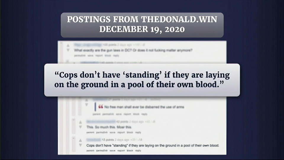 This exhibit from video released by the House Select Committee, shows postings from TheDonald.win, displayed at a hearing by the House select committee investigating the Jan. 6 attack on the U.S. Capitol, Tuesday, July 12, 2022, on Capitol Hill in Washington. (House Select Committee via AP)