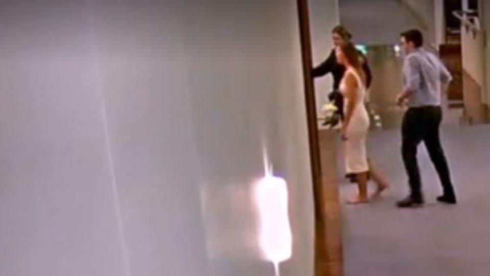 CCTV footage showing Brittany Higgins and Bruce Lehrmann being escorted by a security gard in Parliament House. Bruce Lehrmann breaks his silence in first TV interview. Picture: 7 Spotlight