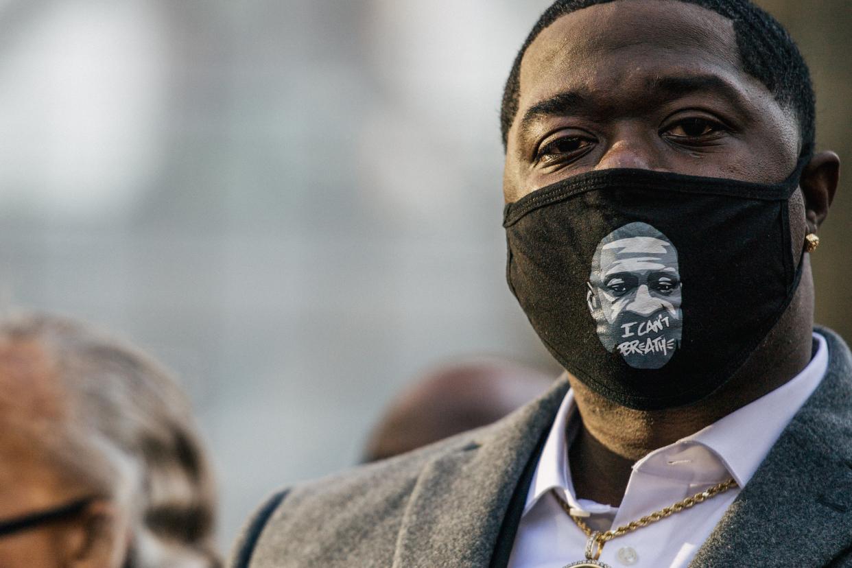 <p>Brandon Williams, nephew of George Floyd, prepares to speak during a news conference outside the Hennepin County Government Center on March 29, 2021 in Minneapolis, Minnesota. </p> ((Photo by Brandon Bell/Getty Images))