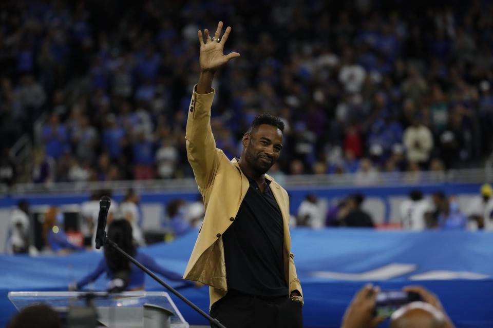 Former Lions star Calvin Johnson speaks during his Hall of Fame ring ceremony at Ford Field on Sunday, Sept. 26, 2021.