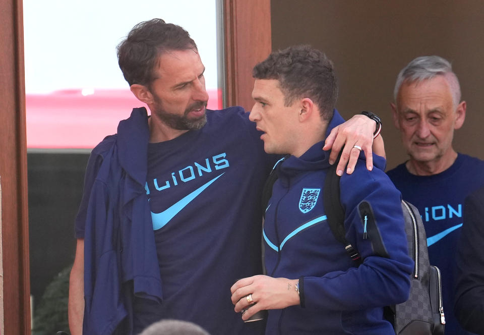 England manager Gareth Southgate (left) and Kieran Trippier outside the Souq Al-Wakra hotel, Qatar, following England's loss to France in their World Cup quarter-final in Al Khor on Saturday. Picture date: Sunday December 11, 2022. (Photo by Martin Rickett/PA Images via Getty Images)