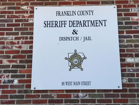The sign for the Franklin County Sheriff Department and Jail, where Cody Franklin was tasered, is displayed by its front door in Ozark, Arkansas, U.S. October 18, 2017. Picture taken October 18, 2017. REUTERS/Peter Eisler