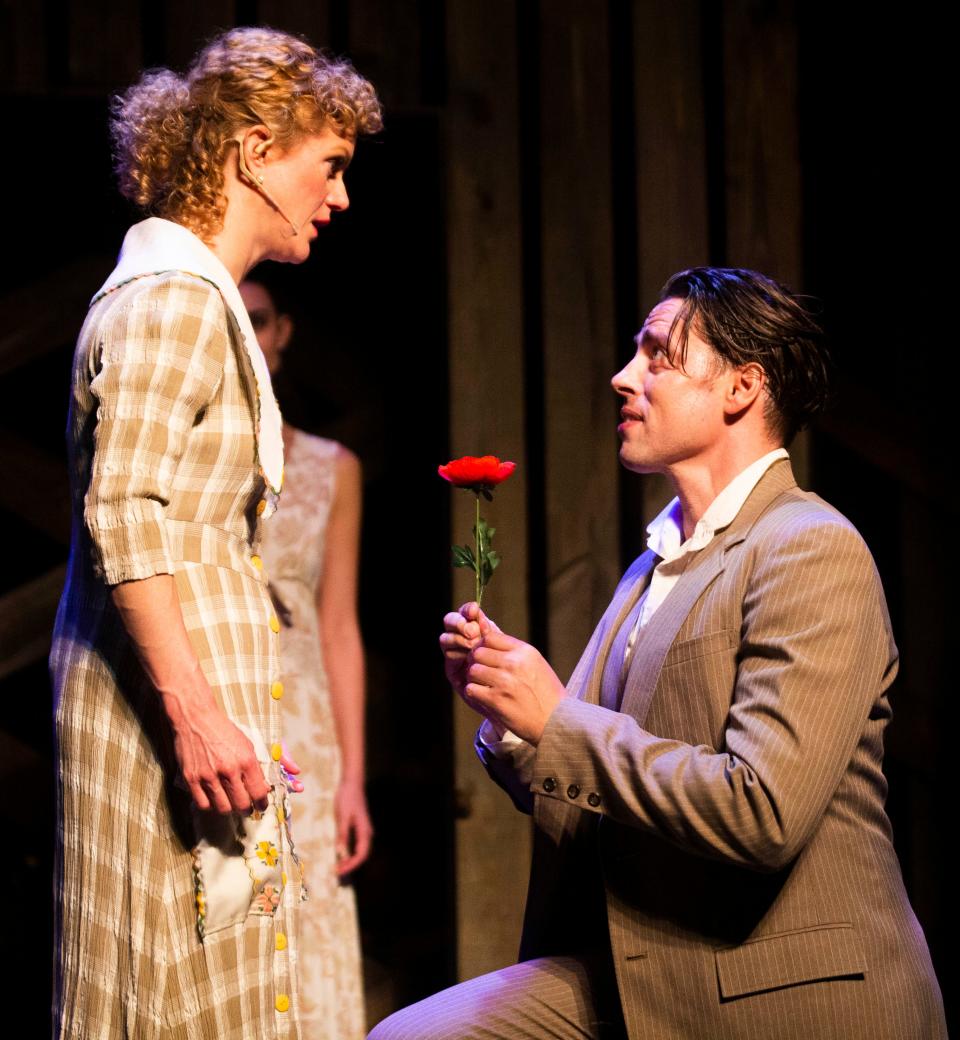 Alice Murphy (Kimberly Doreen Burns) and Jimmy Ray Dobbs (Robert Koutras) rehearse for the TheatreZone's production of "Bright Star" on Monday, Feb. 7, 2022 at the G&L Theatre in Naples, Fla. 