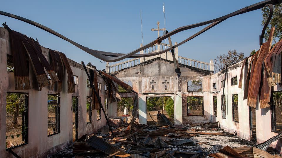 The remnants of a Catholic church that was destroyed by a military airstrike in Kayah state, Myanmar on January 26, 2023. - Thierry Falise/LightRocket/Getty Images
