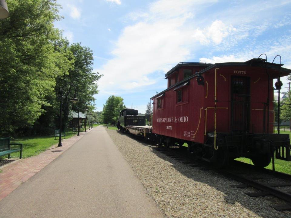 Ohio's Kokosing Gap Trail: Train cars greet visitors at the Gambier trailhead.