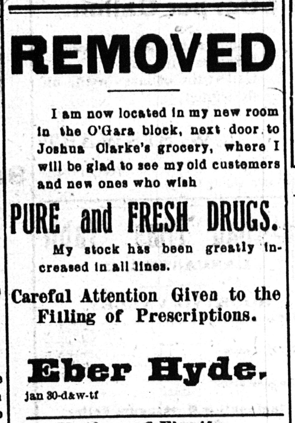 Eber Hyde was a druggist for 28 years at different locations in Lancaster. He retired in 1910. This ad appeared in the Daily Eagle, March 7, 1900.