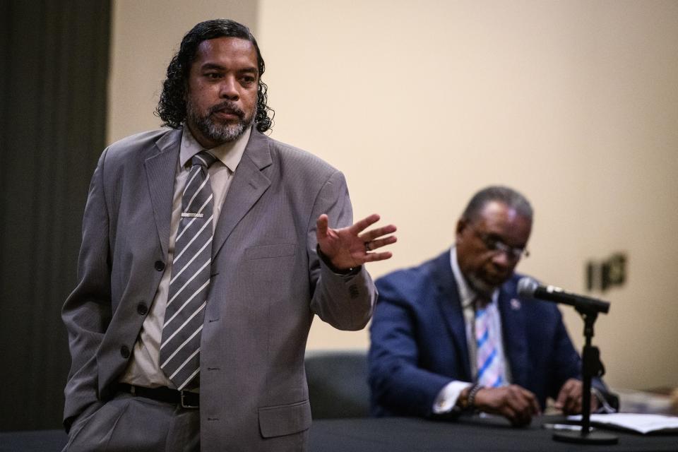 City Council District 4 candidate Thomas C. Greene speaks at the Fayetteville Observer candidate forum at Fayetteville Technical Community College on Tuesday, April 26, 2022. Also pictured, City Council District 4 incumbent D.J. Haire, right.