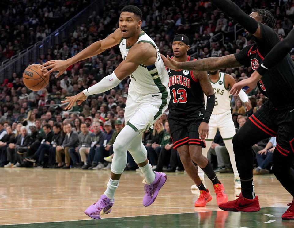 Bucks forward Giannis Antetokounmpo has become a more willing passer and is averaging more than six assists per game this season.