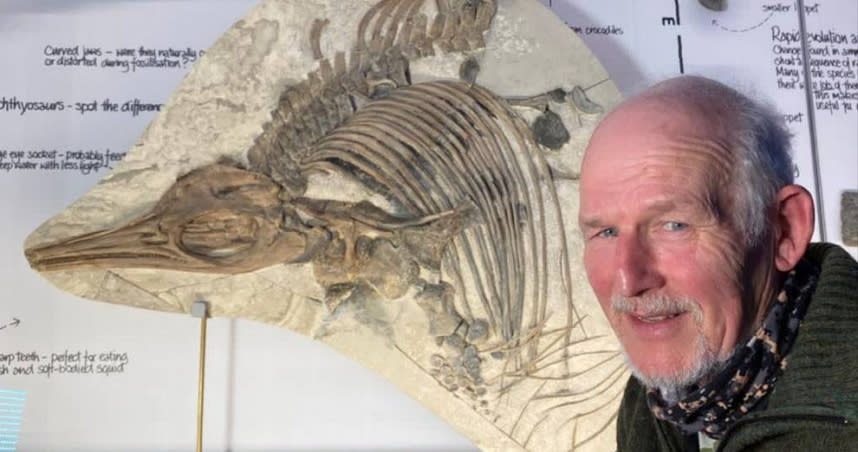 化石收藏家發現一塊標本化石，進一步研究驚覺，石板上的是新品種魚龍。（圖／翻攝自@Dean_R_Lomax推特）
