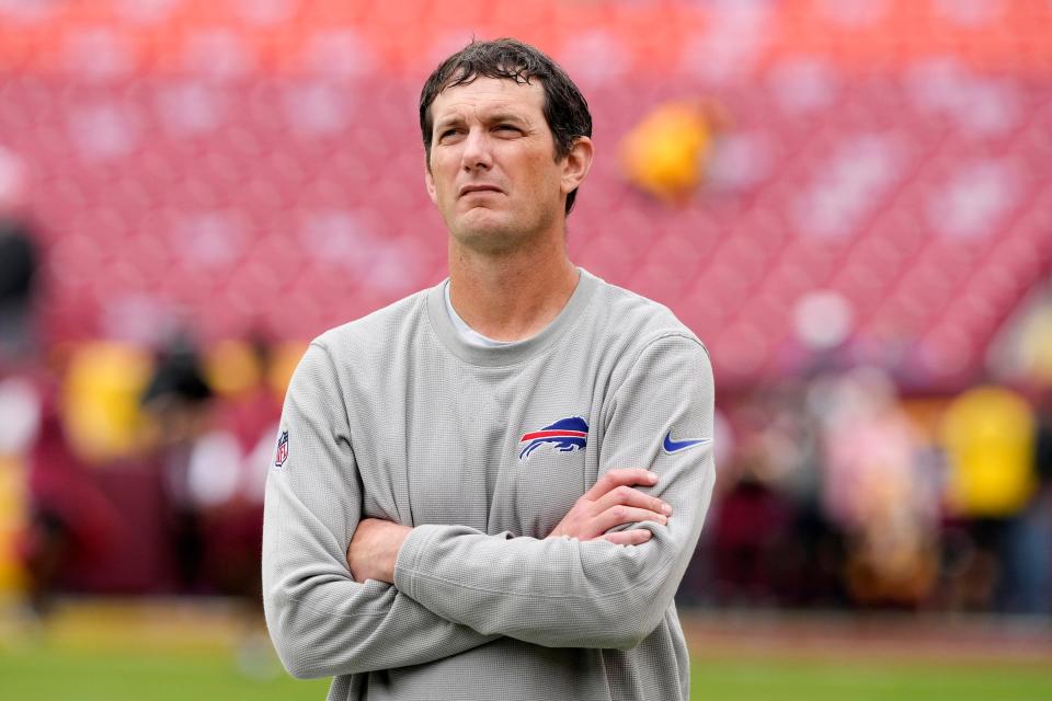 FILE - Buffalo Bills offensive coordinator Ken Dorsey stands on the field before the start of an NFL football game against the Washington Commanders, Sunday, Sept. 24, 2023, in Landover, Md.