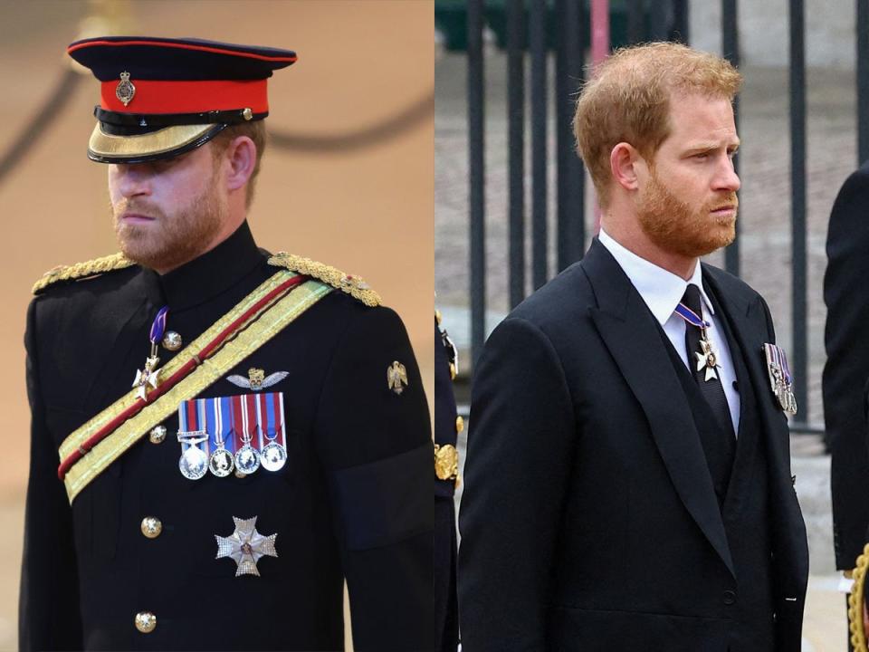 harry in his military uniform for the queen's vigil and harry in mourning clothes for the queen's funeral