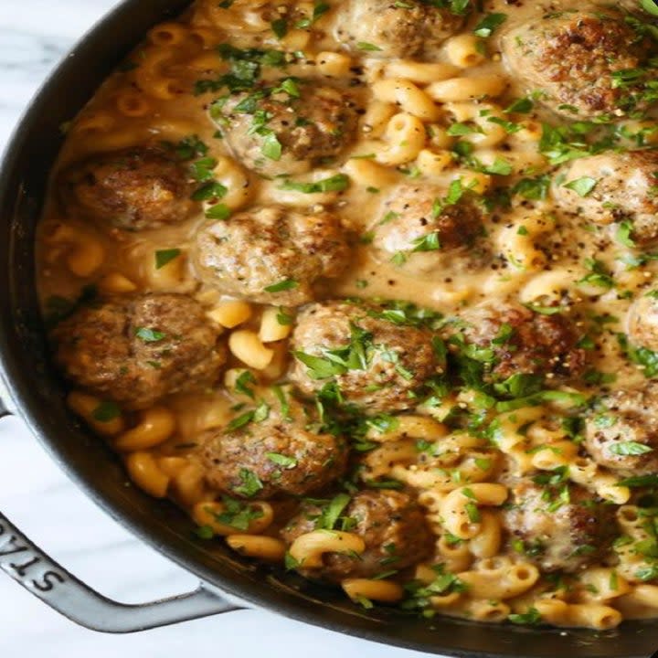 swedish meatball pasta in a skillet