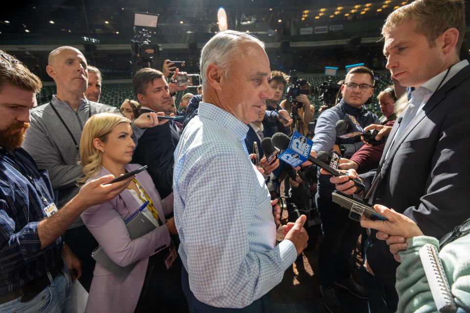 Major League Baseball Commissioner Robert Manfred spoke to reporters Thursday before the Milwaukee Brewers-San Francisco Giants game.