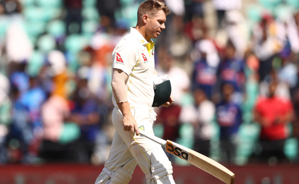 David Warner, pictured here walking off the field after his dismissal in the second innings of the first Test against India. 