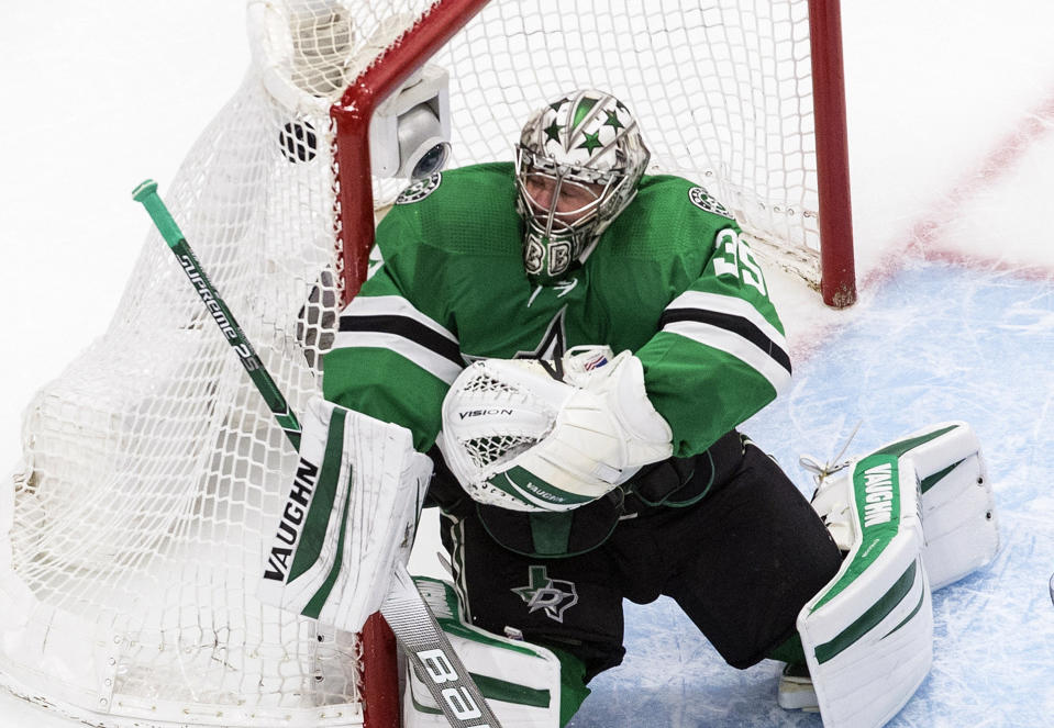 Dallas Stars' goalie Anton Khudobin (35) is scored on by Colorado Avalanche Cale Makar (not shown) during the second period of an NHL hockey second-round playoff series, Sunday, Aug. 30, 2020, in Edmonton, Alberta. (Jason Franson/The Canadian Press via AP)