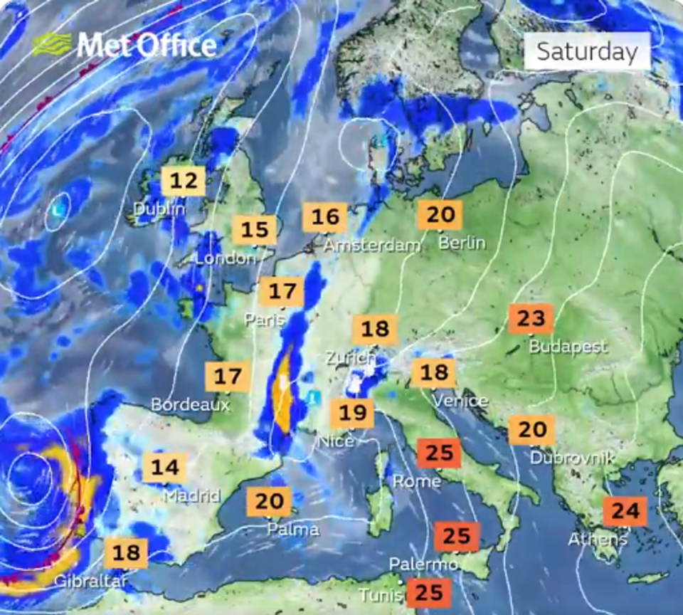 Saturday weather map for the UK and mainland Europe (Met Office)