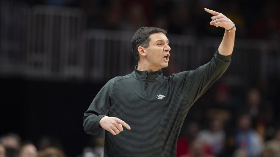 Oklahoma City Thunder head coach Mark Daigneault calls a play and points during the first half of an NBA basketball game against the Atlanta Hawks, Monday, Dec. 5, 2022, in Atlanta. (AP Photo/Hakim Wright Sr.)