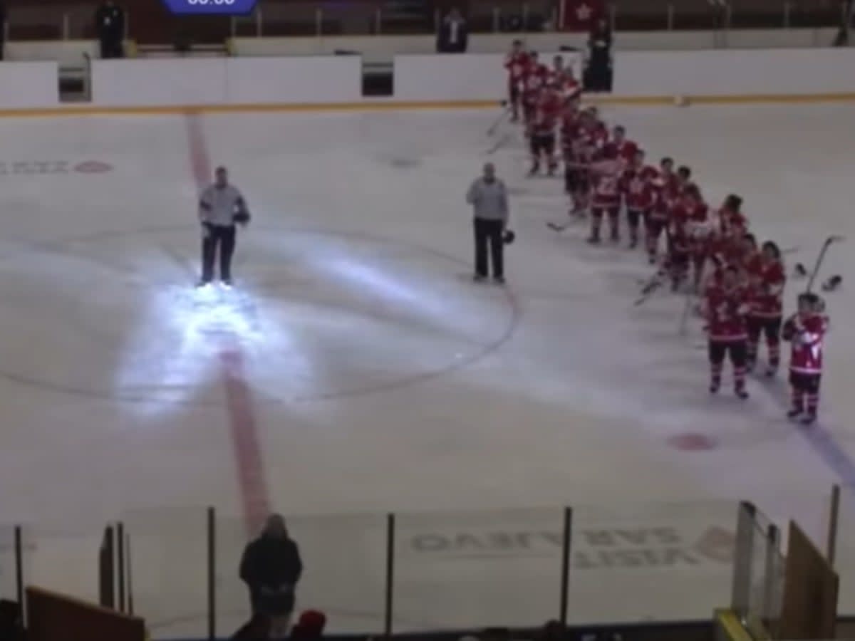 Players of Hong Kong’s ice hockey team make a time-out gesture as the protest song ‘Glory to Hong Kong’ was played after their win against Iran, instead of the Chinese national anthem. Screengrab (Hong Kong Free Press / YouTube)