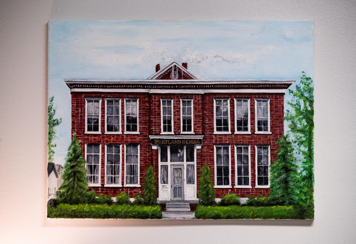 A painting of the old Portland School is displayed on the wall in principal Michelle Perkins' office at Portland Elementary School. July 11, 2023