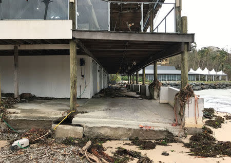 Damaged buildings can be seen after Cyclone Debbie hit the resort on Hamilton Island, located off the east coast of Queensland in Australia March 29, 2017. Jon Clements/Handout via REUTERS