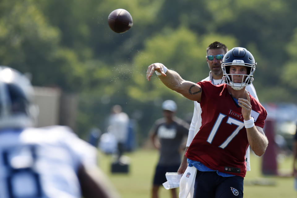 Tennessee Titans quarterback Ryan Tannehill (17) passes during NFL football training camp Wednesday, July 28, 2021, in Nashville, Tenn. (AP Photo/Mark Zaleski)