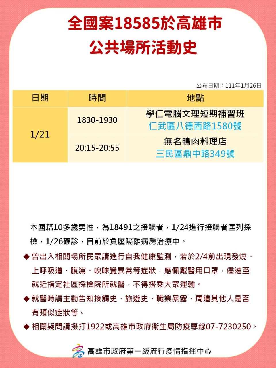 全國案18585於高雄市公共場所活動史。（圖／高雄市政府）