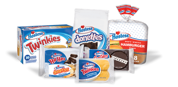 Various Hostess products including Twinkies, Donettes, hamburger buns, and HoHos