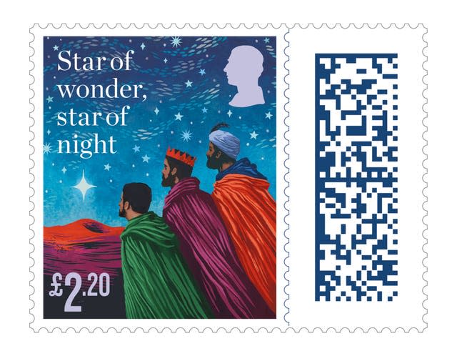 The stamps are inspired by traditional Christmas carols O Holy Night, O Little Town of Bethlehem, Silent Night, Away in a Manger, and We Three Kings