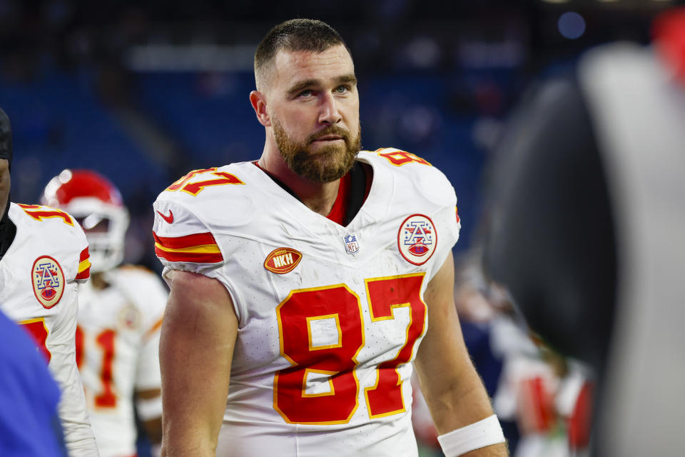 Kansas City Chiefs tight end Travis Kelce (87) reacts at the conclusion of an NFL football game against the New England Patriots on Sunday, Dec. 17, 2023, in Foxborough, Mass. (AP Photo/Greg M. Cooper)