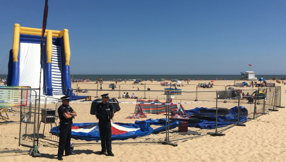 Police prevent access to the Bounce Around where a 3-year-old girl died after a bouncy castle exploded. (Photo: Tom Chapman via Twitter)