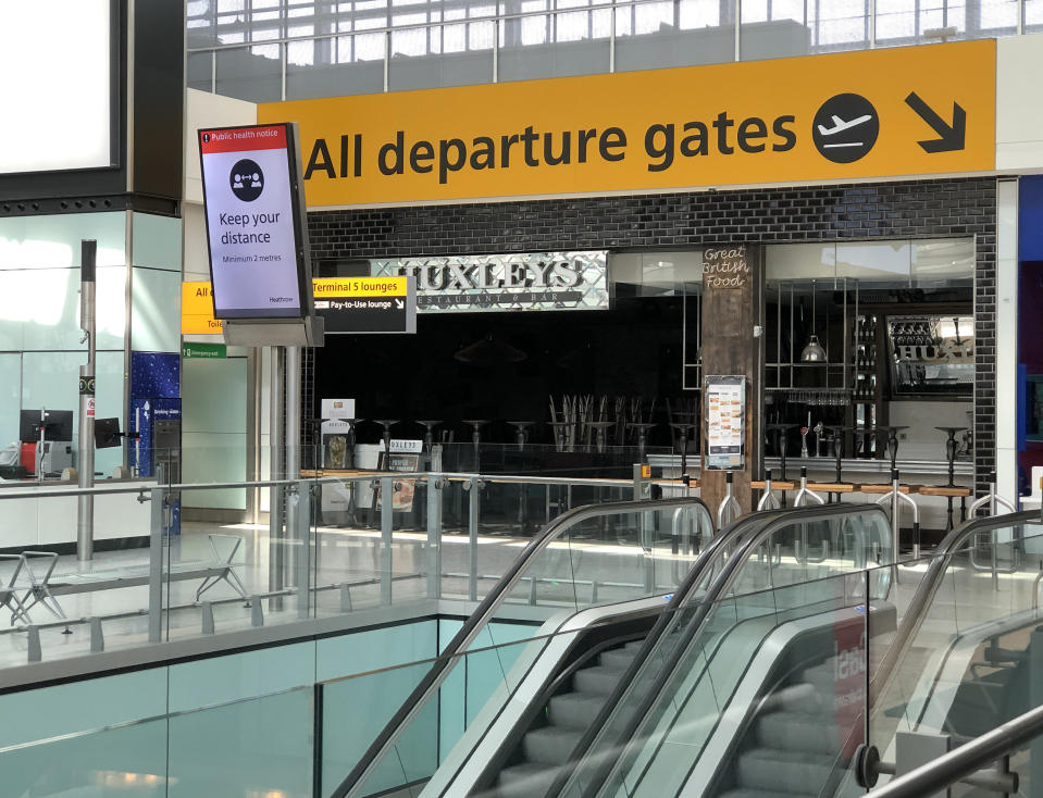 LONDON, ENGLAND - APRIL 15: A view inside a quiet Terminal 5 departure lounge at Heathrow Airport on April 15, 2020 in London, United Kingdom. The airport expects 90% fewer passengers compared to April last year, as governments continue to advise against non-essential travel due to the COVID-19 outbreak. Heathrow has prioritised cargo traffic and closed one of its two runways. (Photo by Richard Heathcote/Getty Images)