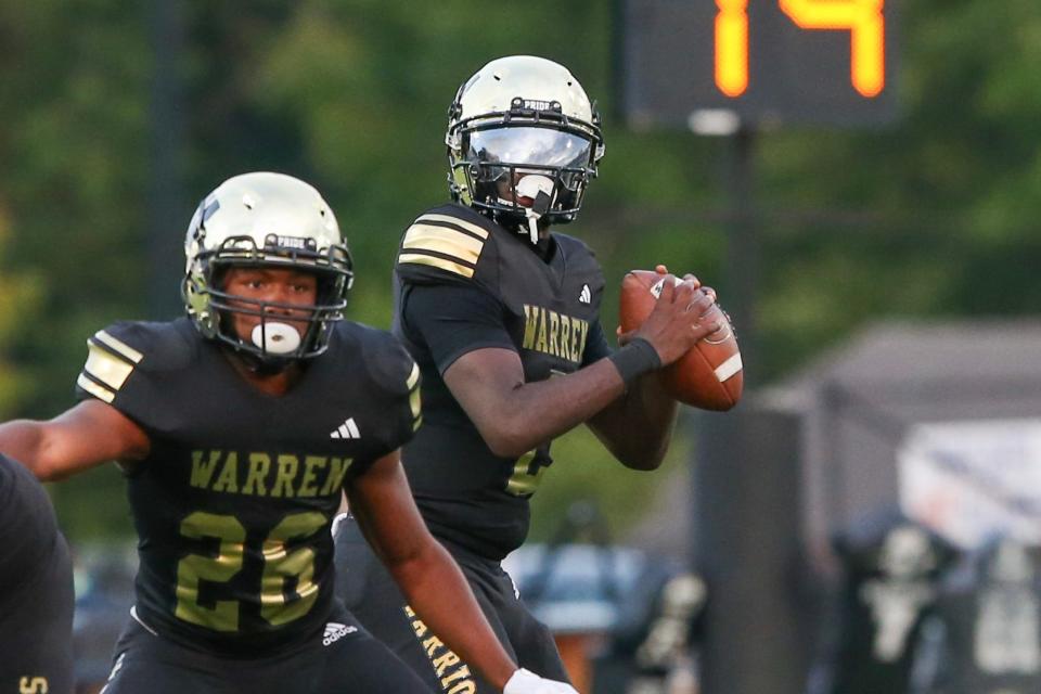 Warren Central Jaydin Rivers (2) with the pass attempt as Warren Central took on Lawrence Central High School in IHSAA football, Sep 13, 2024; Indianapolis, IN, USA; at Warren Central High School.