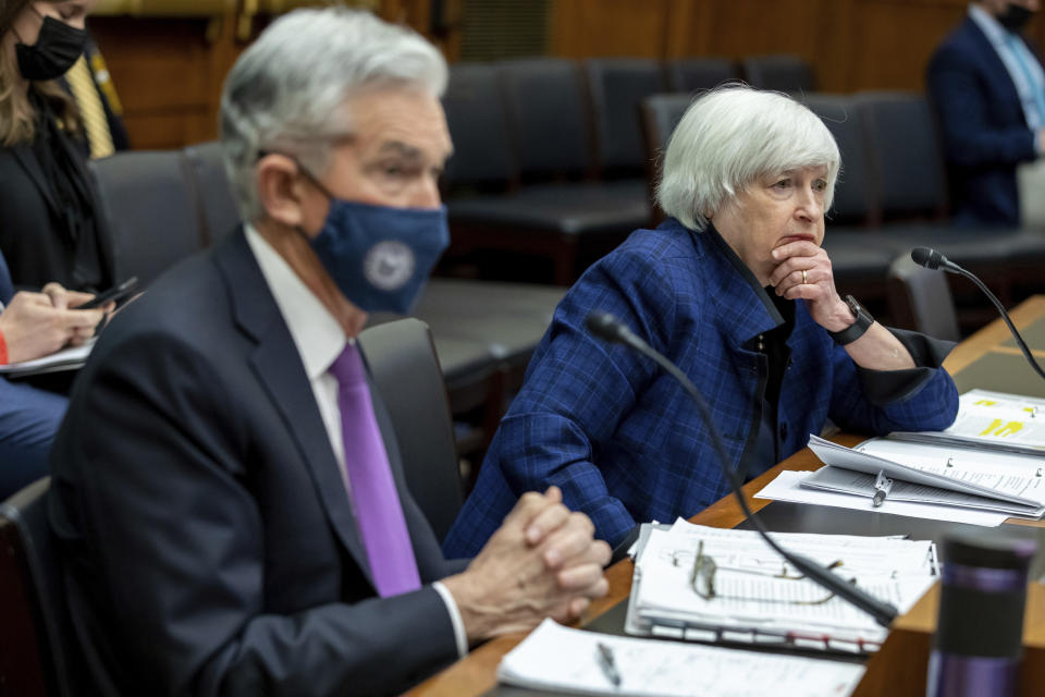 Federal Reserve Chairman Jerome Powell and Treasury Secretary Janet Yellen, listen to lawmakers during a House Committee on Financial Services hearing on Capitol Hill in Washington, Wednesday, Dec. 1, 2021. (AP Photo/Amanda Andrade-Rhoades)