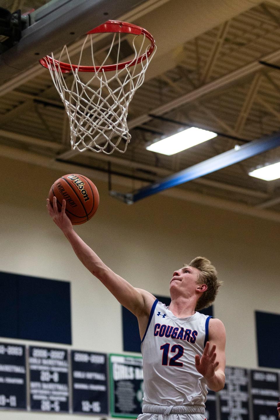 Eastland's Adam Awender (12) shoots the ball during a game against Pecatonica on March 1, 2024 at river Ridge High School.