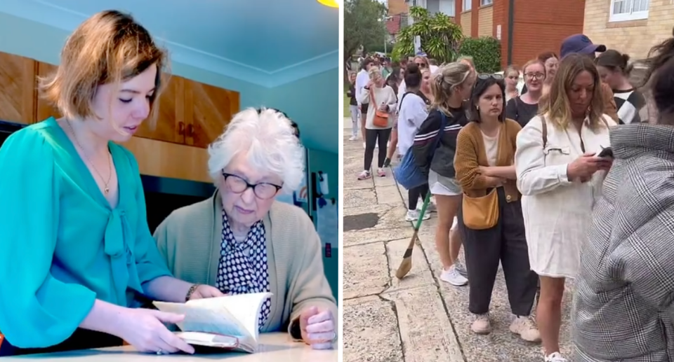 Sabrina and Marjorie look at a book next to a shot of people queuing for an inspection