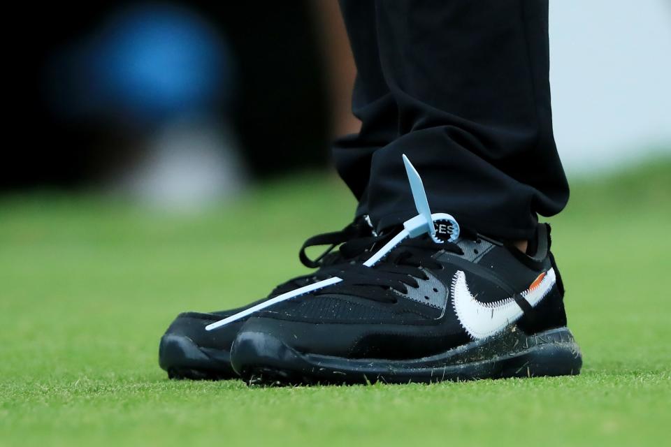 ATLANTA, GEORGIA - AUGUST 25: A detail of the shoes of Brooks Koepka of the United States during the continuation of the weather delayed third round of the TOUR Championship at East Lake Golf Club on August 25, 2019 in Atlanta, Georgia. (Photo by Sam Greenwood/Getty Images)