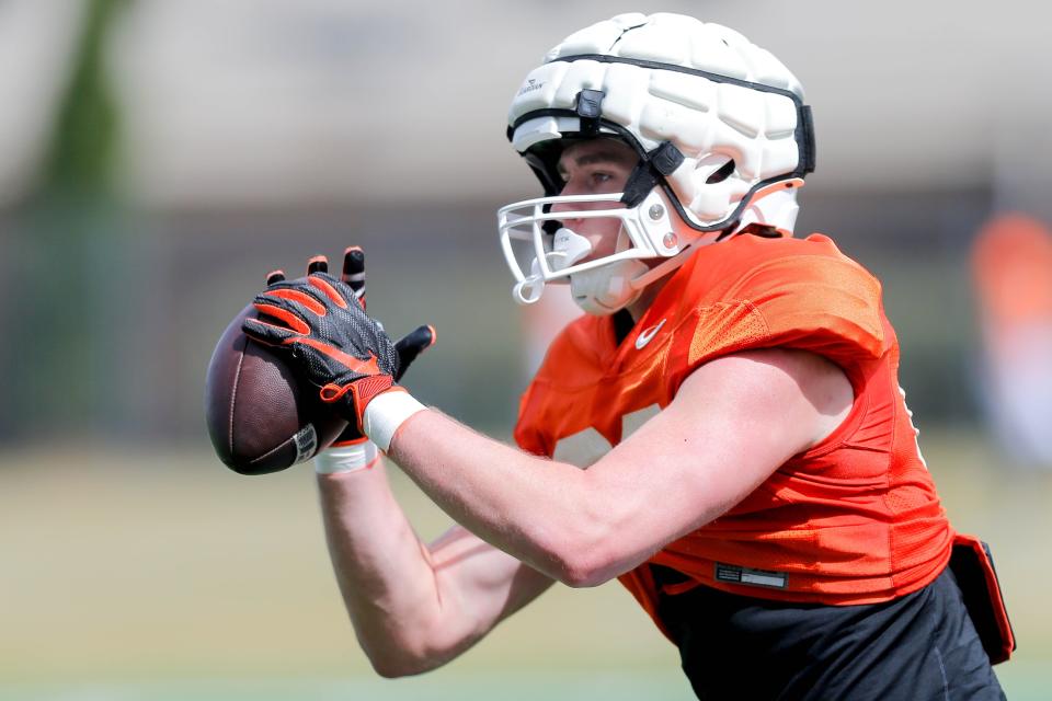 Tyler Foster (86) drills during an Oklahoma State football practice in Stillwater, Oklahoma, on Tuesday, April 2, 2024.