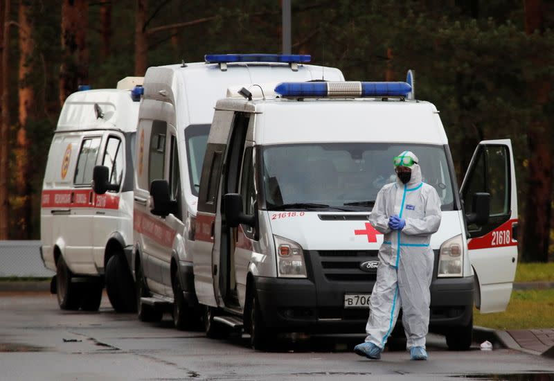 A medical specialist stands outside a hospital amid the outbreak of the coronavirus disease (COVID-19) in Saint Petersburg
