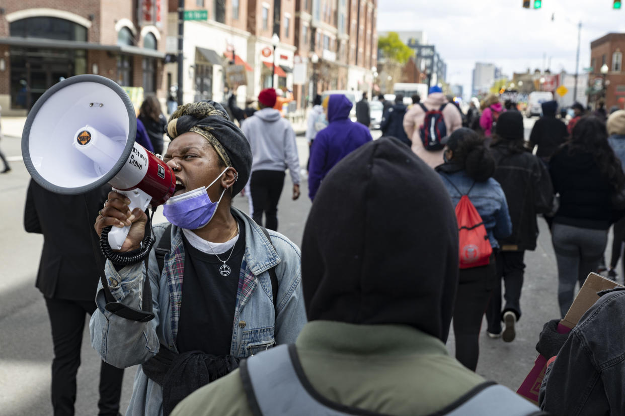 Ohio State University (OSU) Students staged a sit-in demonstration in reaction to the police shooting and killing of Ma'Khia Bryant, 16, the day before. Activists demanded that The Ohio State University sever ties with the Columbus Police Department to keep their minority students safe. (Photo by Stephen Zenner/SOPA Images/LightRocket via Getty Images)