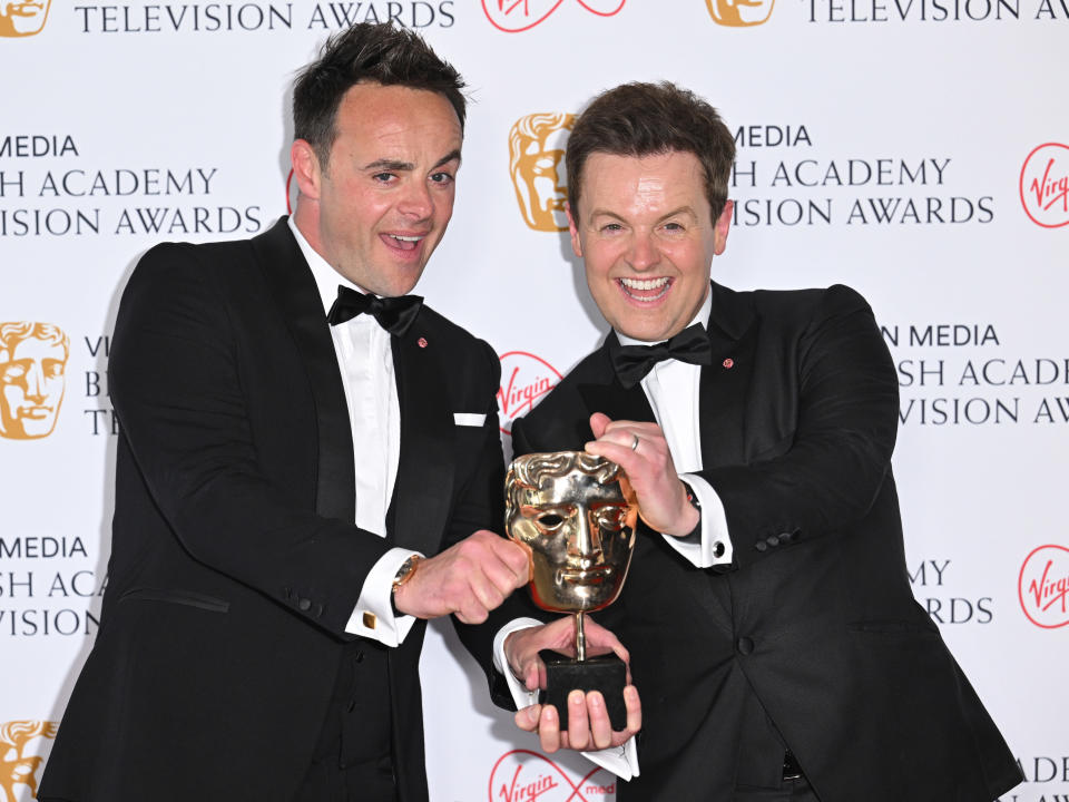 LONDON, ENGLAND - MAY 08: Winners of the Entertainment Programme award for Ant & Dec's Saturday Night Takeaway, Anthony McPartlin and Declan Donnelly pose in the winners room at the Virgin Media British Academy Television Awards at The Royal Festival Hall on May 08, 2022 in London, England. (Photo by Karwai Tang/WireImage)