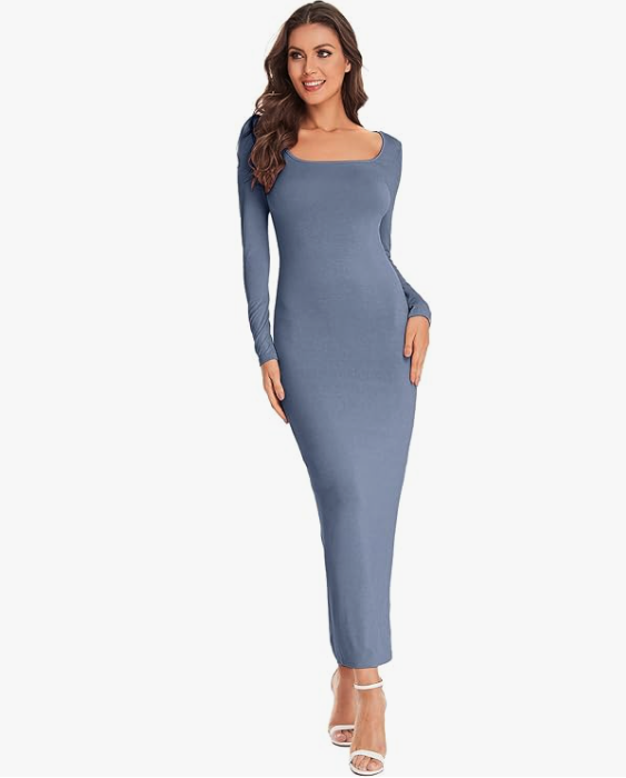 model wearing dusty blue maxi bodycon dress