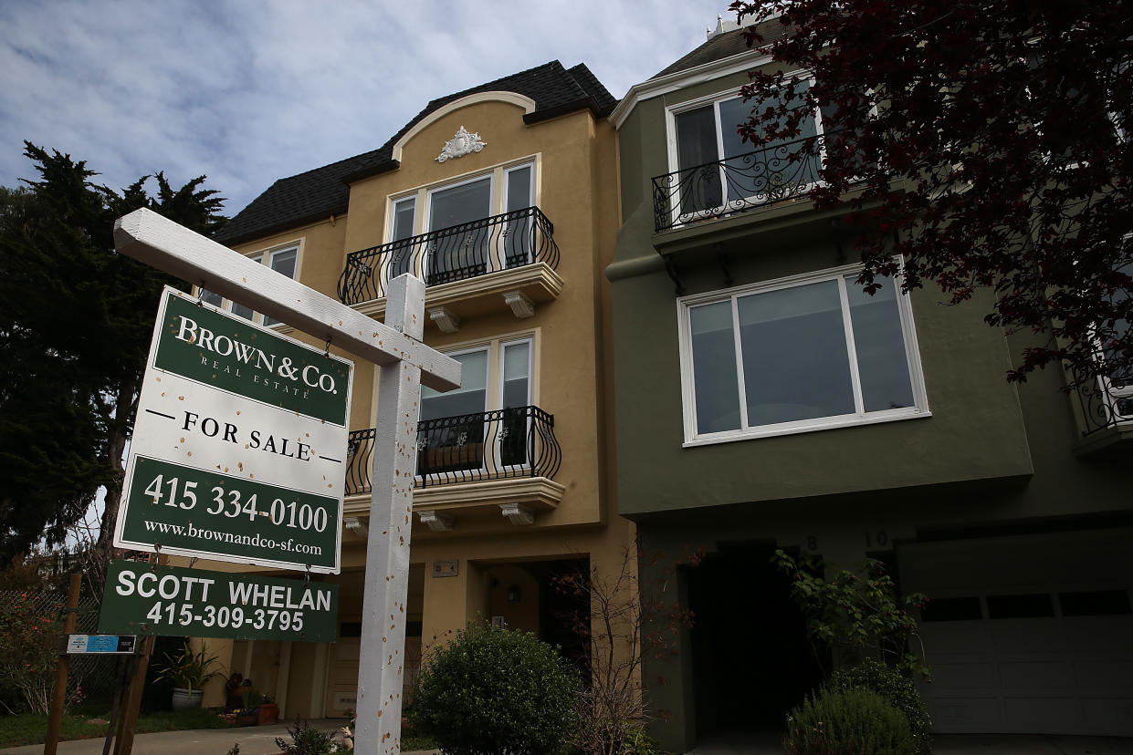 SAN FRANCISCO, CA - FEBRUARY 18:  A for sale sign is posted in front of a home for sale on February 18, 2014 in San Francisco, California. According to a report by mortgage resource site HSH.com, an annual salary of $115,510 is needed to purchase a house in San Francisco where the median    home price is $682,410. The report included 25 of the nations largest metropolitan cities with Cleveland, Ohio being the cheapest with a needed salary of $19,435 to purchase a home.  (Photo by Justin Sullivan/Getty Images)