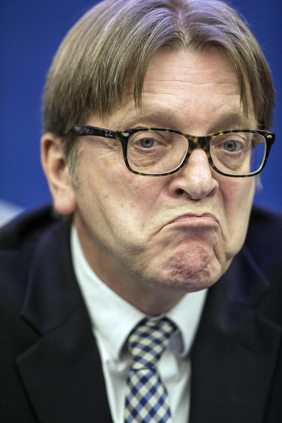 European Parliament Brexit chief Guy Verhofstadt speaks during a press conference at the European Parliament in Strasbourg, France, Tuesday March 26, 2019. (AP Photo/Jean-Francois Badias)