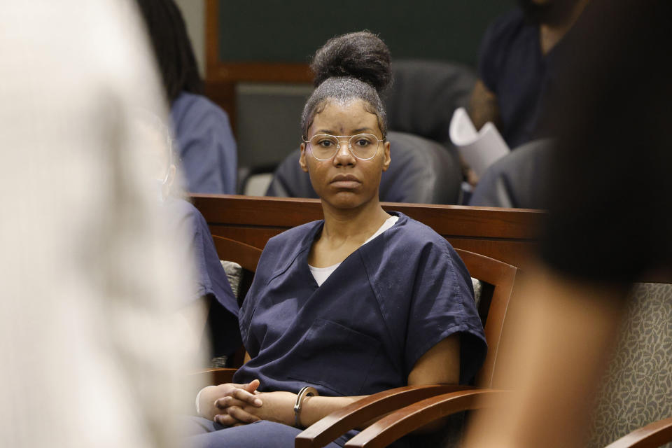 Paris Paradise Morton, 32, sits in court before a hearing on Thursday, May 18, 2023, in Las Vegas. Morton, who legally changed her name in October 2015 from Lakeisha Nicole Holloway, is accused of intentionally driving her car onto a Las Vegas Strip sidewalk in December 2015, killing one person and injuring dozens more. (Chitose Suzuki/Las Vegas Review-Journal via AP)