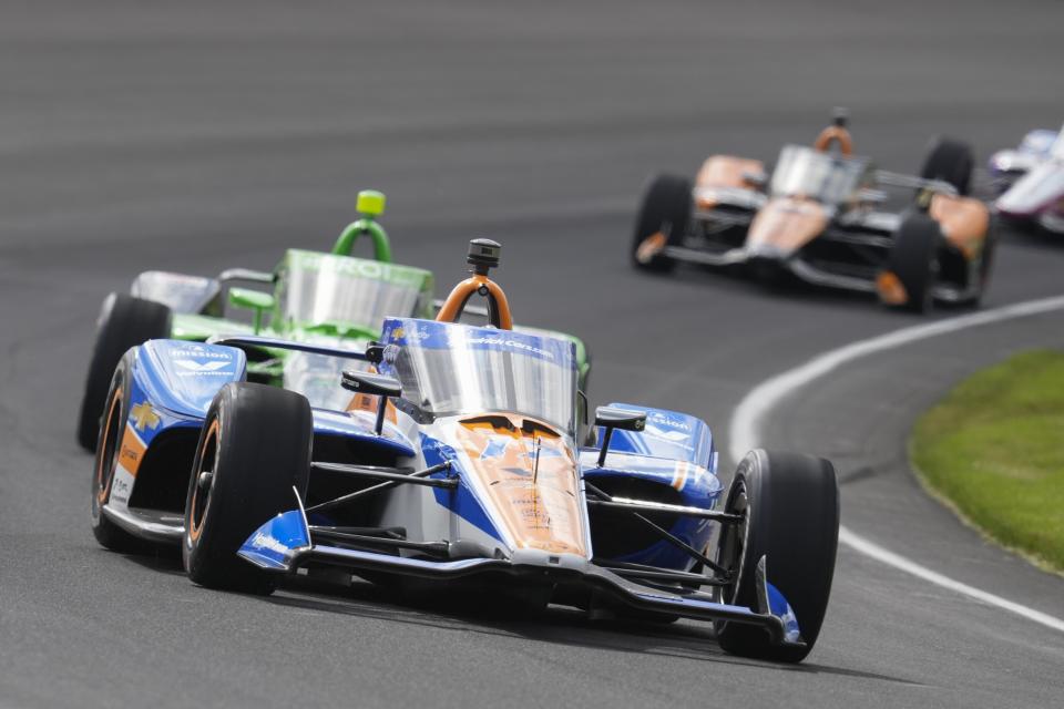 Kyle Larson drives during the Indianapolis 500 auto race at Indianapolis Motor Speedway, Sunday, May 26, 2024, in Indianapolis. (AP Photo/Darron Cummings)