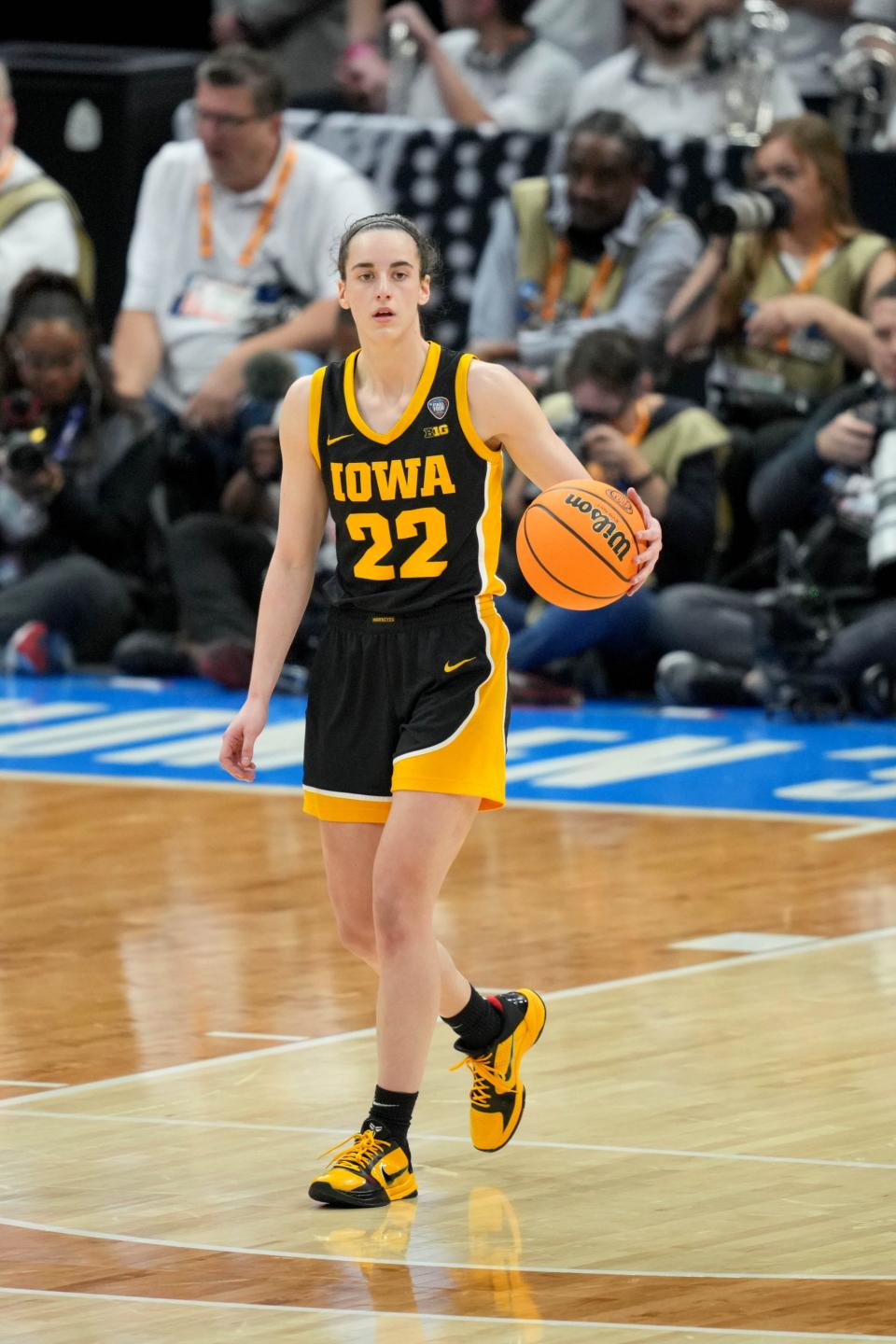 Apr 7, 2024; Cleveland, OH, USA; Caitlin Clark, shown here during the NCAA title game, has a fan in the CEO of the U.S. Olympic and Paralympic Committee. Mandatory Credit: Aaron Doster-USA TODAY Sports