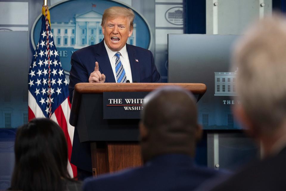 US President Donald Trump gestures as he speaks during a Coronavirus Task Force press briefing at the White House in Washington, DC, on April 19, 2020. (Photo by JIM WATSON / AFP) (Photo by JIM WATSON/AFP via Getty Images)